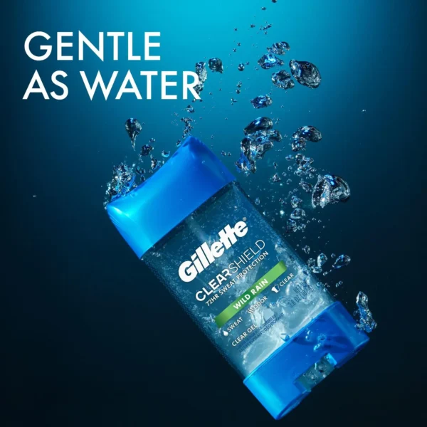 Gillette Antitranspirante y Desodorante para Hombres, Protección Contra el Sudor y Olor 72 Horas, Frescura de Larga Duración, Gel Transparente, Aroma a Lluvia Salvaje – 107g