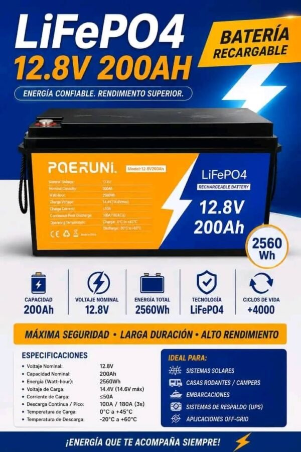 Batería de Litio 12.8V 200Ah Poeruni con Bluetooth Batería de Litio 12.8V 200Ah Poeruni con Bluetooth